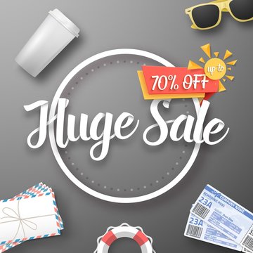 Illustration of Huge Sale Vector Poster. Bright Sale Flyer Template with Travel Icons