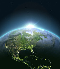 Central and North America from space during sunrise