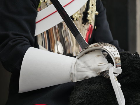 Garde Royale à cheval, détail, épée et gant blanc, Londres