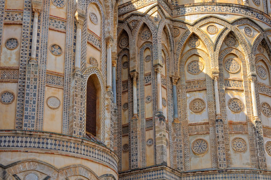 Geometric decorations on the exterior of the apse of the Metropolitan Cathedral - Monreale, Sicily, Italy