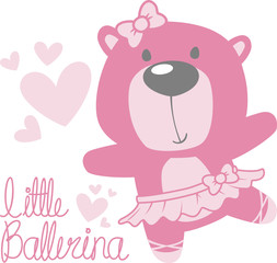 cute baby bear ballerina with tutu and pink hearts isolated on