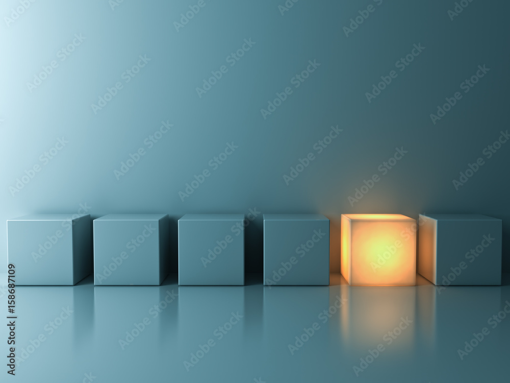 Poster Stand out from the crowd and different creative idea concepts , One glowing cube standing among green cubes on green background in the row with reflections and shadows . 3D rendering.