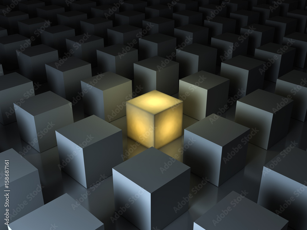 Fototapete Stand out from the crowd and different creative idea concepts , One glowing yellow light cube among other dim cubes on dark gray background with reflections and shadows . 3D rendering.