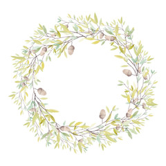 Watercolor Wreath with Oak Acorn and Leaves. Isolated on White Background.