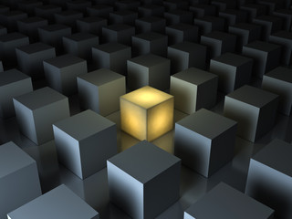 Stand out from the crowd and different creative idea concepts , One glowing yellow light cube among other dim cubes on dark gray background with reflections and shadows . 3D rendering.