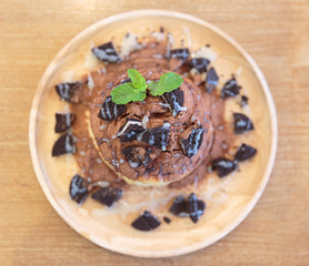 Pancakes with chocolate,caramel for a breakfast.