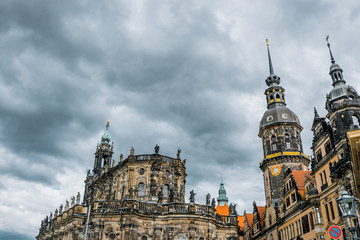 Fototapeta premium Ancient Dresden Castle on the background of a terrible thunderous sky
