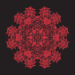 Embroidery mandala. In red on black background. Stock line vecto