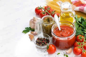 tomato sauce, pesto and ingredients for pasta on a white background