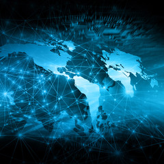 World map on a technological background, glowing lines symbols of the Internet, radio, television, mobile and satellite communications.