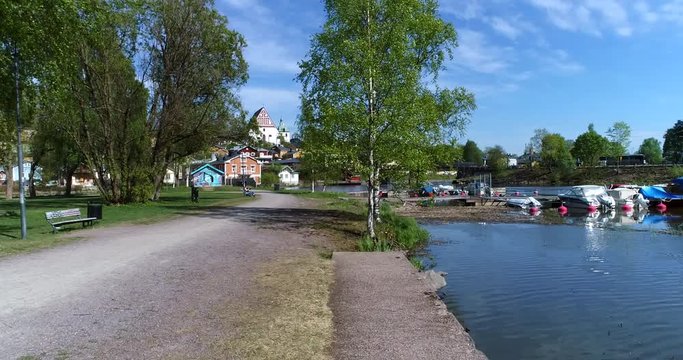 Porvoo, Cinema 4k walking view in a maarin rantapuisto park towards old town Borg&aring;, Uusimaa, Finland