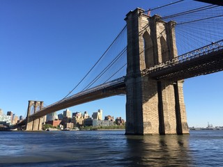 Brooklyn bridge over East river with clearly blue sky