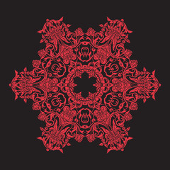 Embroidery mandala. In red on black background. Stock line vecto
