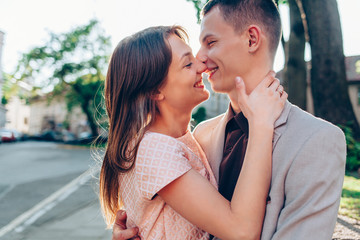 couple in love on the street during sunset