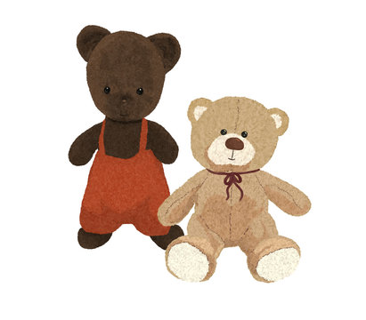Two teddy bears, old and new, drawing