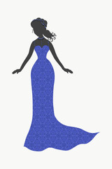 Fototapeta na wymiar Silhouette of a slender lady in a long blue lace dress
