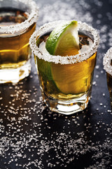 Tasty alcohol drink cocktail tequila with lime and salt on vibrant dark background. Closeup.