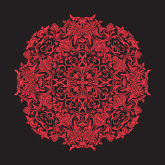 Embroidery mandala. In red on black background. Stock line vector illustration.