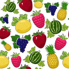 Fruit Berry Seamless Pattern , Juicy Watermelon and Red Strawberry , Pink Raspberries with Fresh Pineapple, Ripe Grapes and Sweet Ananas, Vector Illustration