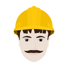 Working Man in a Hard Hat, Man's Face with a Mustache in Yellow Safety Helmet on White Background , Vector Illustration