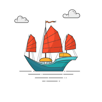 Color ship with red sails in the sea. Sailboat on waves for trip, tourism, travel agency, hotels, vacation card, banner.