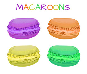 Hand-drawn VECTOR illustration of macaroons. Purple, orange, yellow, green.