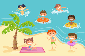 Funny children playing at the beach. Summer time background. Vector illustration.