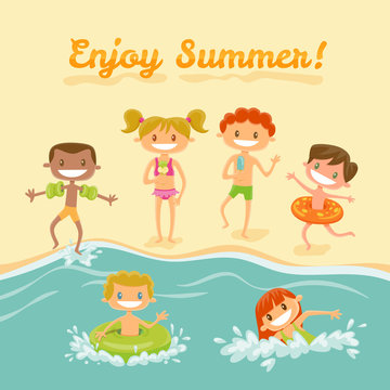 Group of kids enjoing at the beach. Summer time concept. Vector illustration.
