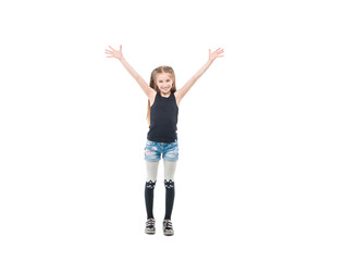 teen girl raising hands and smiling widely
