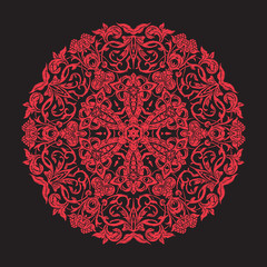 Embroidery mandala. In red on black background. Stock line vector illustration.