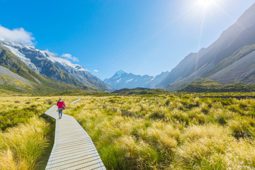 Asian woman travel enjoy at Mt. cook national park in New Zealand