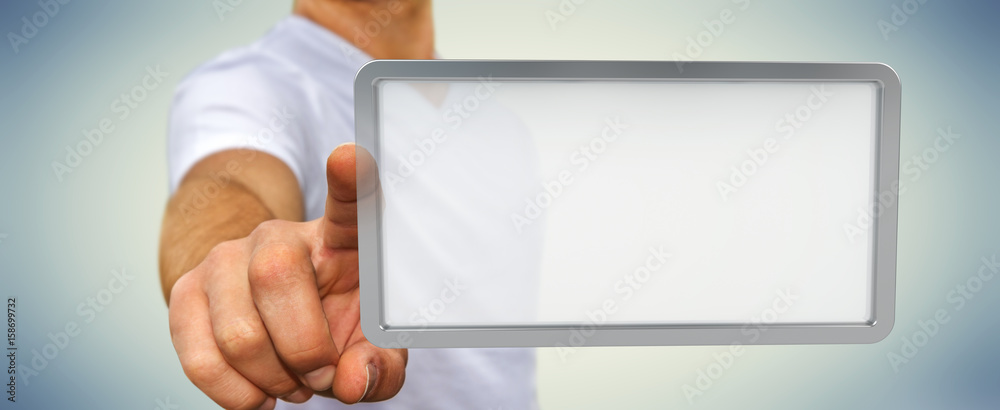 Poster businessman using digital screens tablet 3d rendering