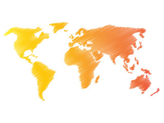 Pencil scribble sketch map of World. Hand doodle drawing. Vector illustration in warm colors on white background.