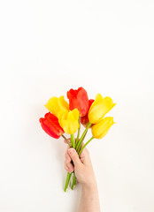 Spring flowers. Feminine hand holding yellow and red tulip flowers bouquet on white background. Flat lay, top view, mock up