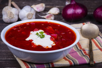 Ukrainian and russian national food - red beet soup, borscht