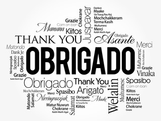 Obrigado (Thank You in Portuguese) Word Cloud background, all languages, multilingual for education or thanksgiving day