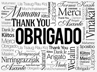 Obrigado (Thank You in Portuguese) Word Cloud background, all languages, multilingual for education or thanksgiving day