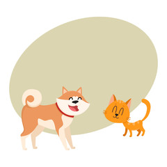 Akita inu dog and red cat, kitten characters, love, friendship concept, cartoon vector illustration with space for text. Lovely akita dog and red cat characters, love, friendship, tenderness