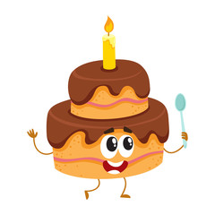 Cute layered birthday party cake character with smiling human face and one candle, cartoon vector illustration isolated on white background. Funny birthday party chocolate cake character, mascot