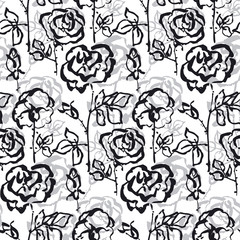 Black and white concept rose flower seamless pattern for surface design, wrapping paper, background, fabric. Hand drawn floral sketch in modern shabby style.