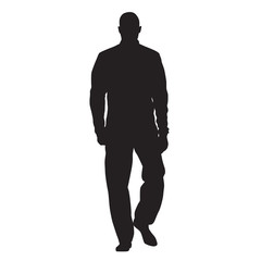Athlete walking in tracksuit and anorak, front view, man vector silhouette
