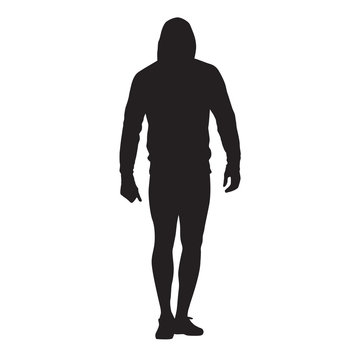 Male athlete goes in a hooded sweatshirt. Sprinter keeps the body warm. Vector silhouette