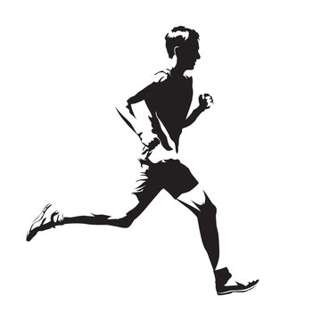 Running man vector sketch, abstract silhouette, side view
