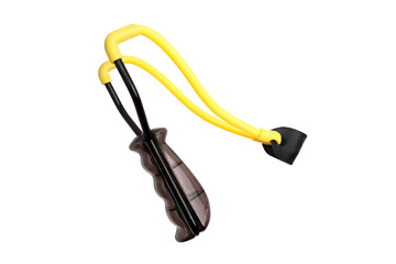Black metal slingshot with a yellow rubber band isolated on white