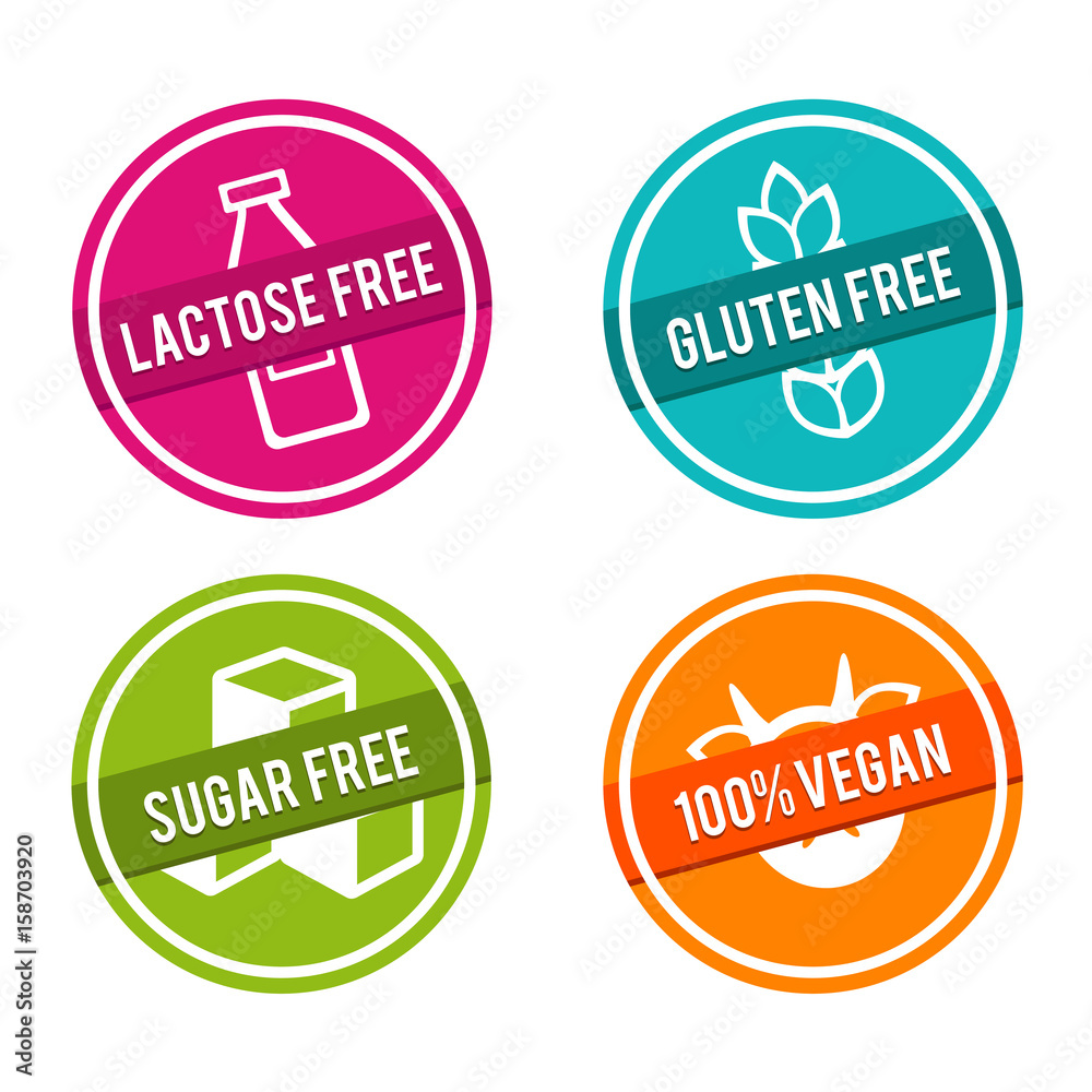 Wall mural Set of Allergen free Badges. Lactose free, Gluten free, Sugar free, 100% Vegan. Vector hand drawn Signs. Can be used for packaging Design.