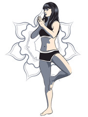 Woman doing yoga exercises. Mandala on the background. Vector image.