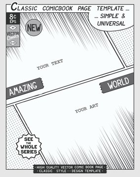 Free space Comic book page template. Comics layout and action with speed lines,
 halftone background and other elements.