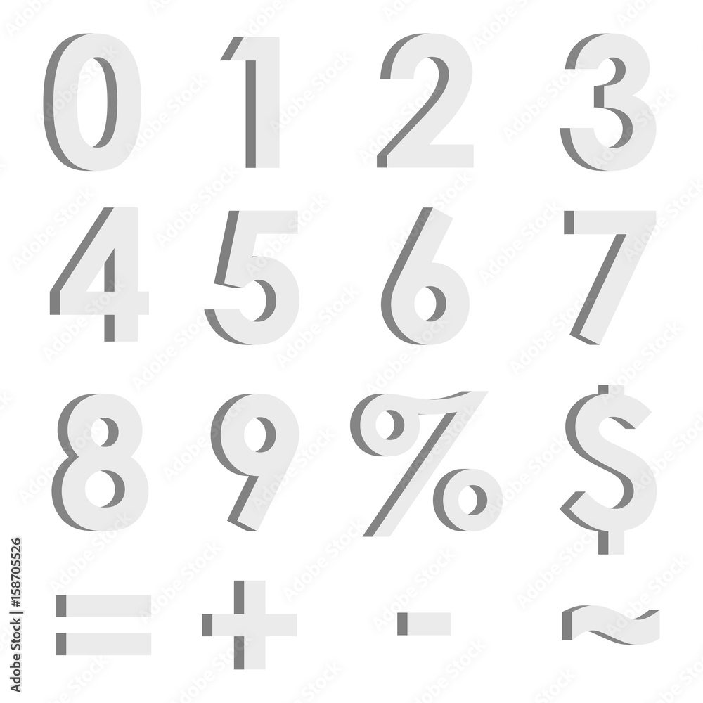 Wall mural set of white 3d numbers and symbols. volumetric numbers and finance signs isolated. vector illustrat