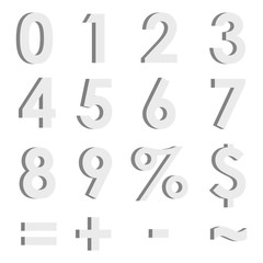Set of white 3D numbers and symbols. Volumetric numbers and finance signs isolated. Vector illustration