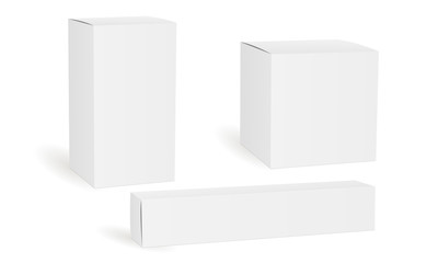 Set of blank white cosmetic, medical or product boxes isolated. Packaging mockups rectangular, square, long, for design or branding. Vector illustration